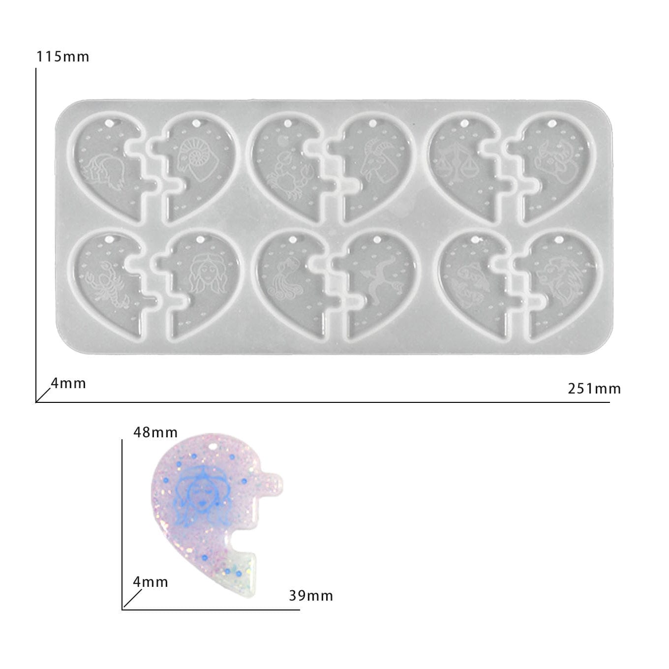 My Store Silicon Mould 12 Cavity Zodiac Heart Keychain & Pendant Mould